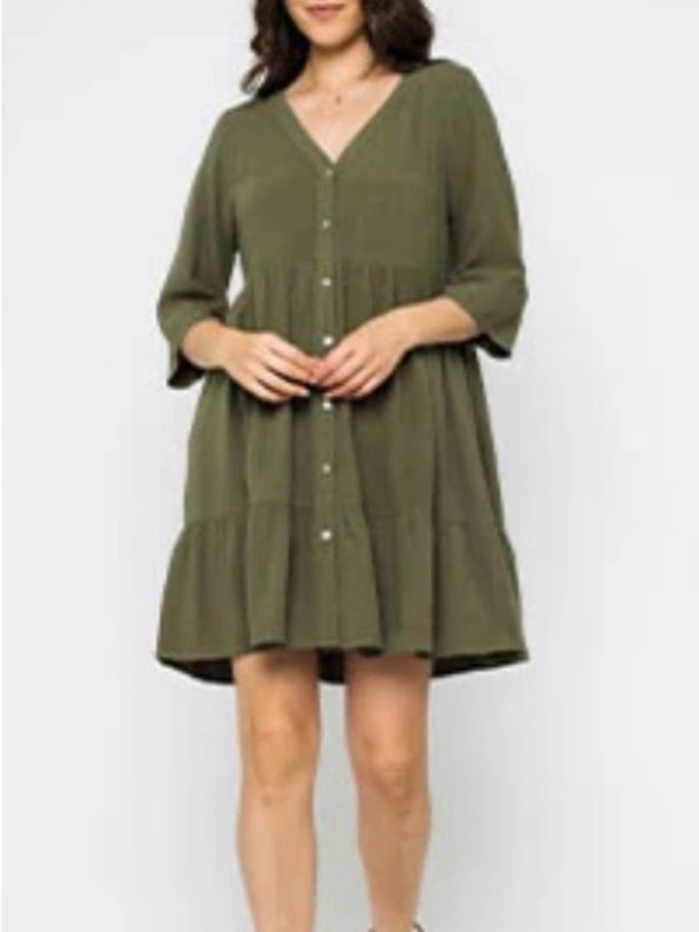 V-Neck Olive Button-Front Tiered Mini Dress